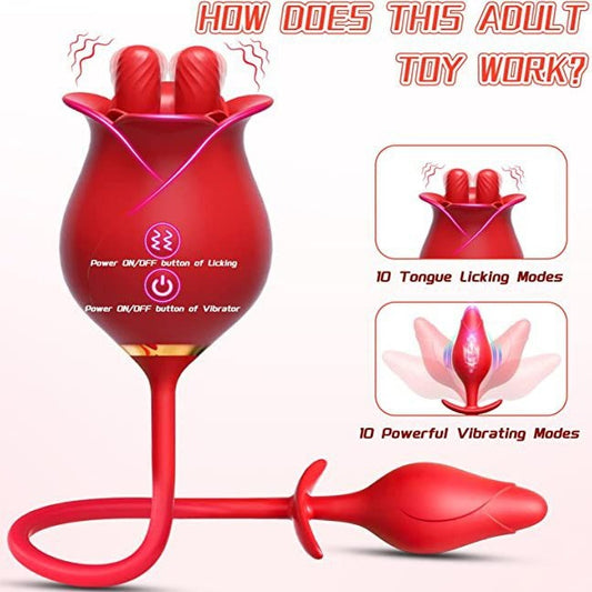 Moremorelove 3-in-1 Rose Vibrator Dildo – Mouth Sucking, 10 Tongue Licking & Vibrating Modes, Thrusting Dildo for G-Spot, Clit, Nipple & Anal Stimulation for Women & Couples