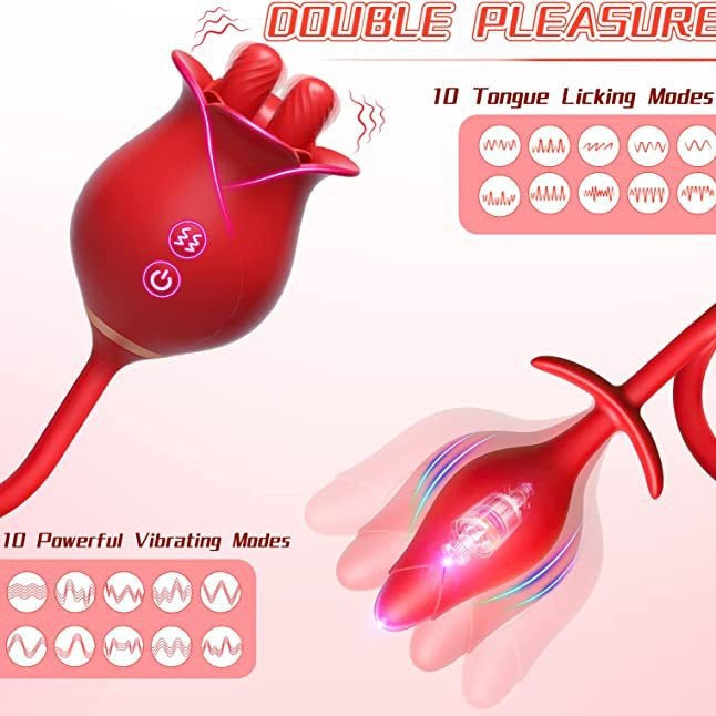 Moremorelove 3-in-1 Rose Vibrator Dildo – Mouth Sucking, 10 Tongue Licking & Vibrating Modes, Thrusting Dildo for G-Spot, Clit, Nipple & Anal Stimulation for Women & Couples