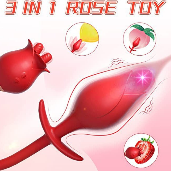 Moremorelove 3-in-1 Rose Vibrator Dildo – Mouth Sucking, 10 Tongue Licking & Vibrating Modes, Thrusting Dildo for G-Spot, Clit, Nipple & Anal Stimulation for Women & Couples