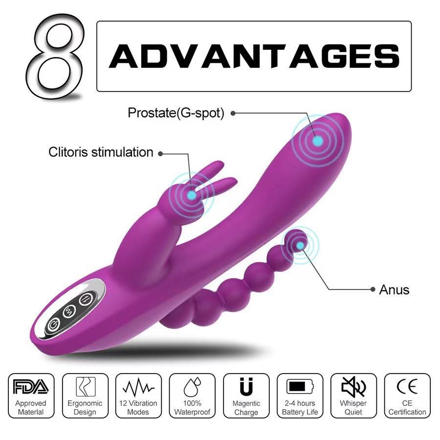 Moremorelove 2-Color Rabbit G-Spot Dildo Vibrator – 3-in-1 Vaginal, Anal Beads & Clitoral Stimulator, 12 Vibration Modes, Silicone Nipple Massager for Women & Couples