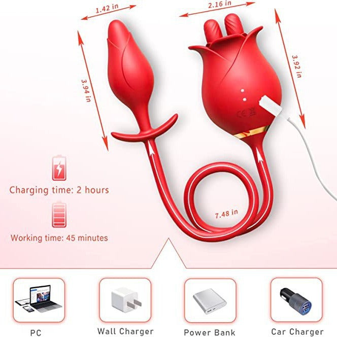 Moremorelove 3-in-1 Rose Vibrator Dildo – Mouth Sucking, 10 Tongue Licking & Vibrating Modes, Thrusting Dildo for G-Spot, Clit, Nipple & Anal Stimulation for Women & Couples