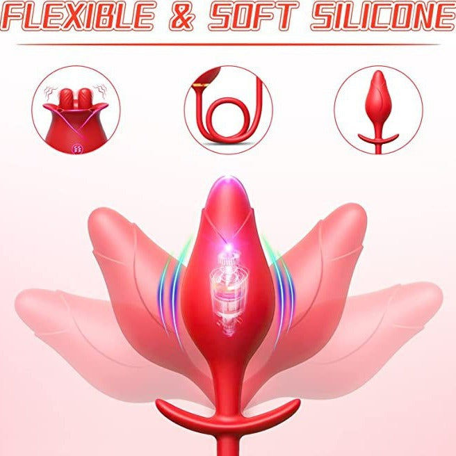 Moremorelove 3-in-1 Rose Vibrator Dildo – Mouth Sucking, 10 Tongue Licking & Vibrating Modes, Thrusting Dildo for G-Spot, Clit, Nipple & Anal Stimulation for Women & Couples
