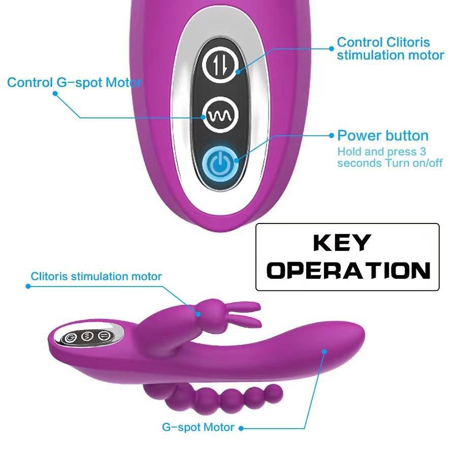 Moremorelove 2-Color Rabbit G-Spot Dildo Vibrator – 3-in-1 Vaginal, Anal Beads & Clitoral Stimulator, 12 Vibration Modes, Silicone Nipple Massager for Women & Couples